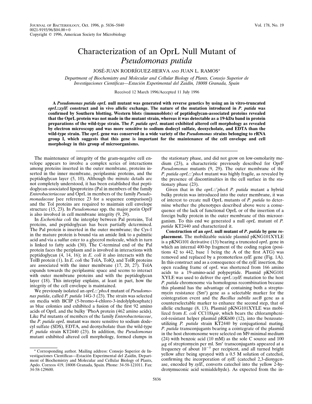 Characterization of an Oprl Null Mutant of Pseudomonas Putida