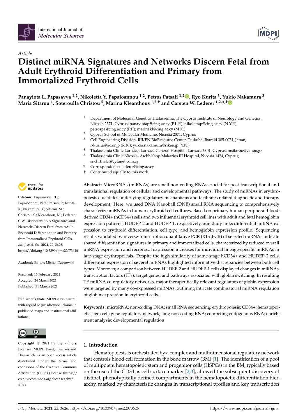 Distinct Mirna Signatures and Networks Discern Fetal from Adult Erythroid Differentiation and Primary from Immortalized Erythroid Cells