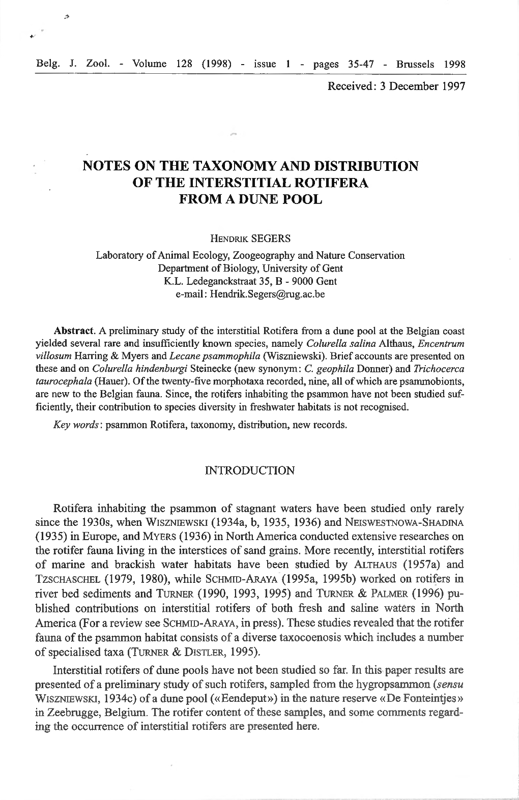 Notes on the Taxonomy and Distribution of the Interstitial Rotifera from a Dune Pool