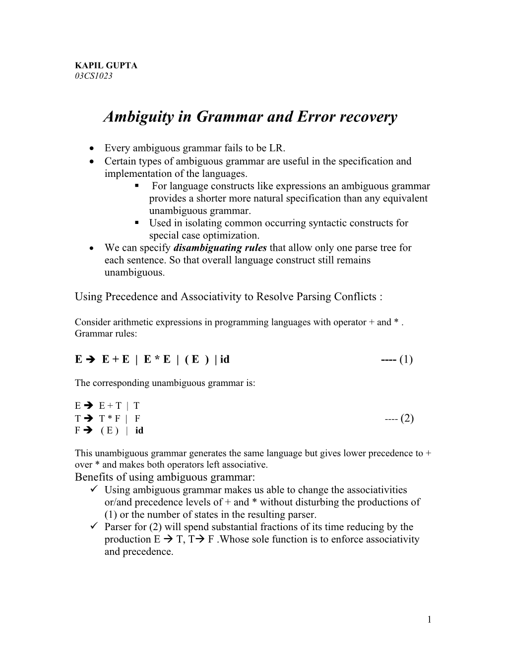 Ambiguity in Grammar and Error Recovery