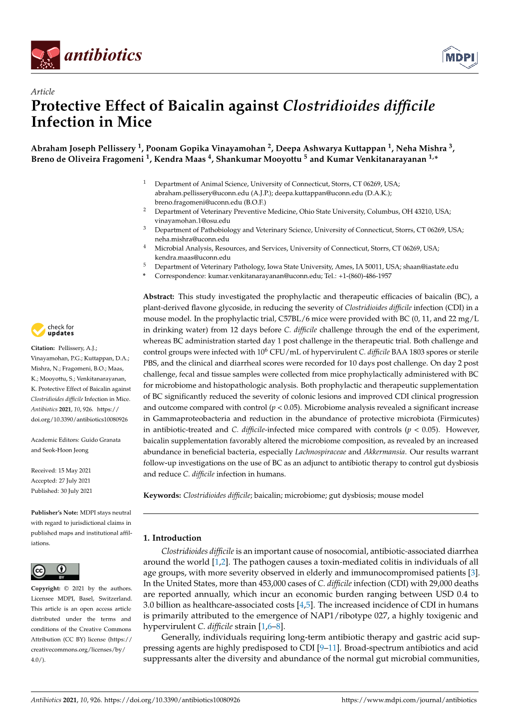 Protective Effect of Baicalin Against Clostridioides Difficile Infection in Mice