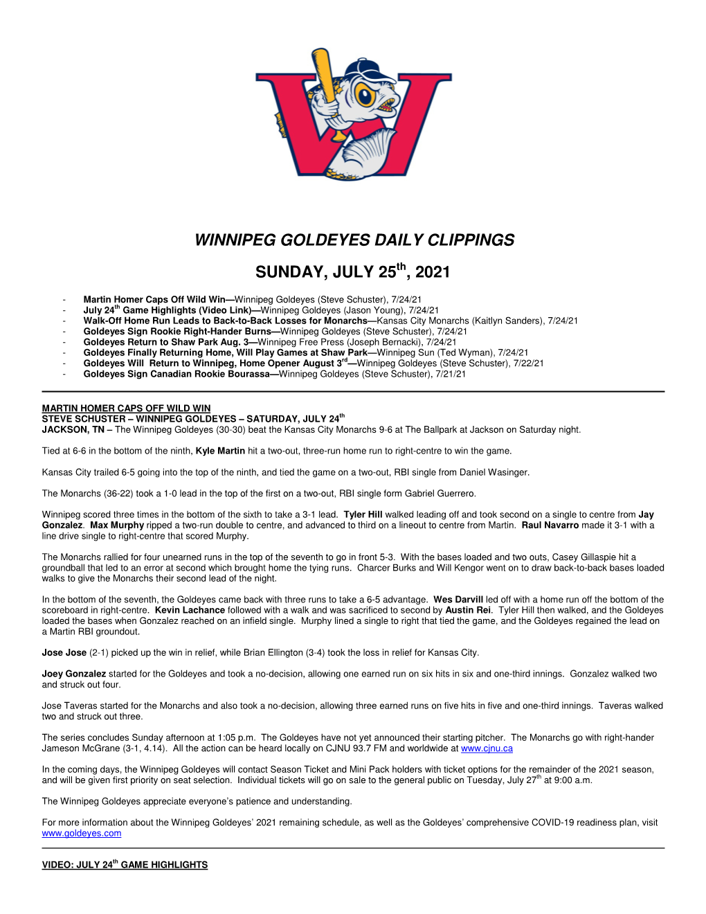 Winnipeg Goldeyes Daily Clippings Sunday, July 25