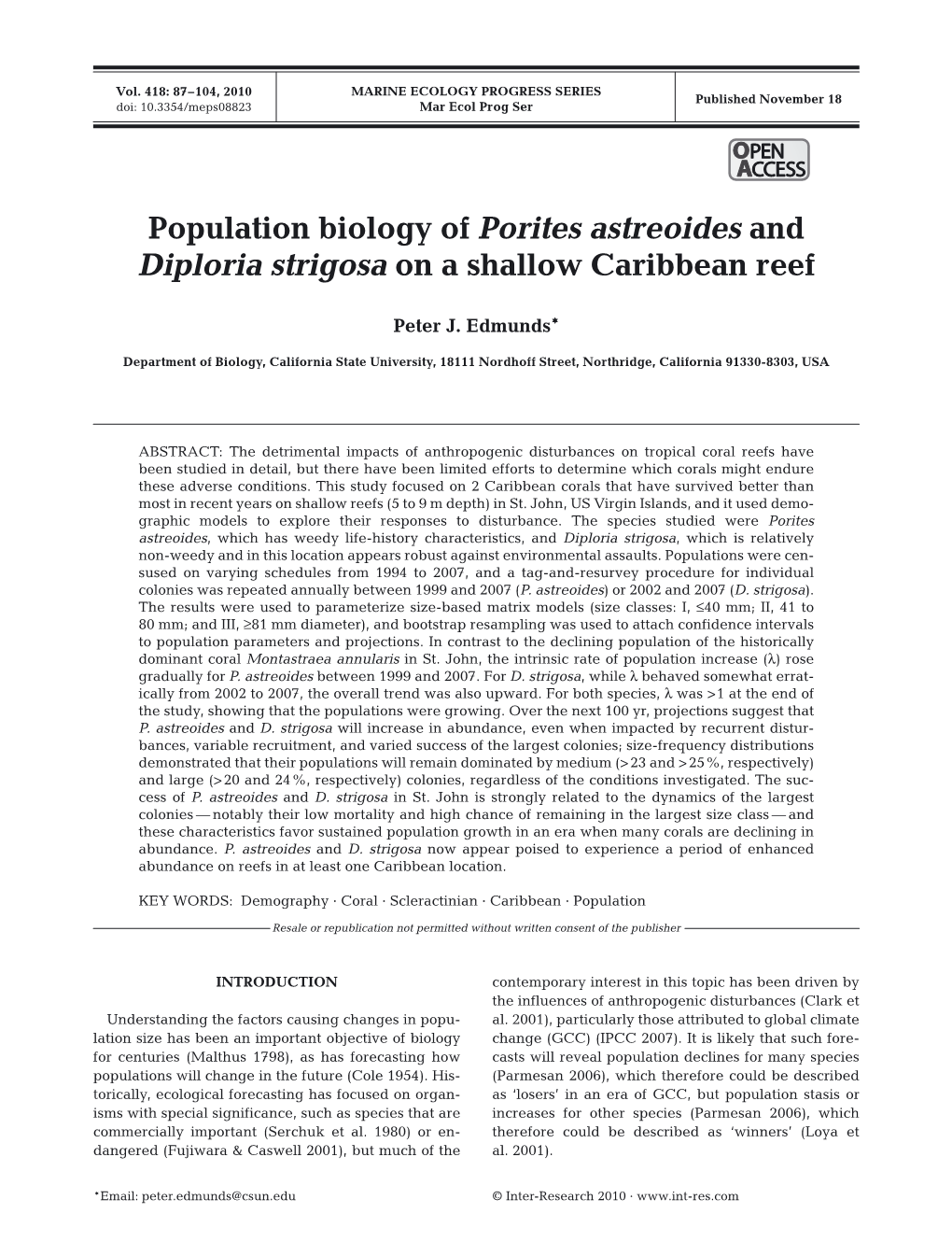 Population Biology of Porites Astreoides and Diploria Strigosa on a Shallow Caribbean Reef