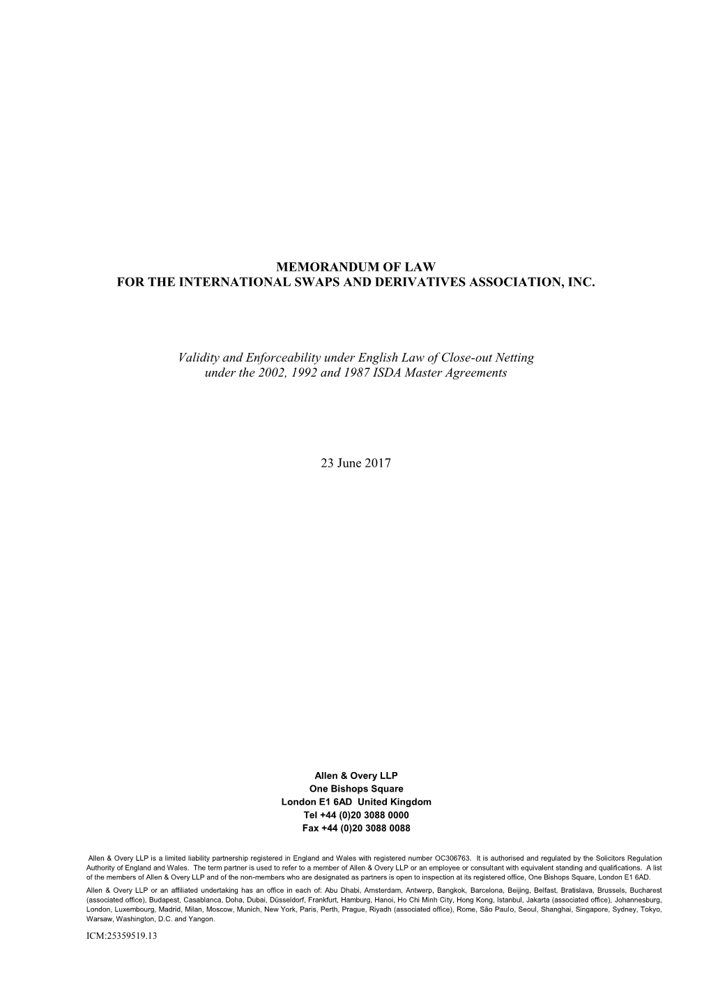 Memorandum of Law for the International Swaps and Derivatives Association, Inc