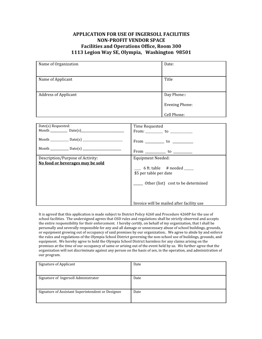 Application for Use of Ingersoll Facilities