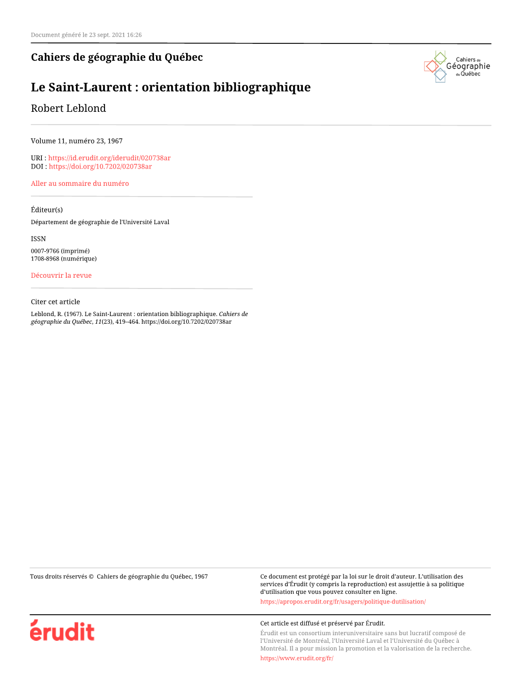Le Saint-Laurent : Orientation Bibliographique Robert Leblond