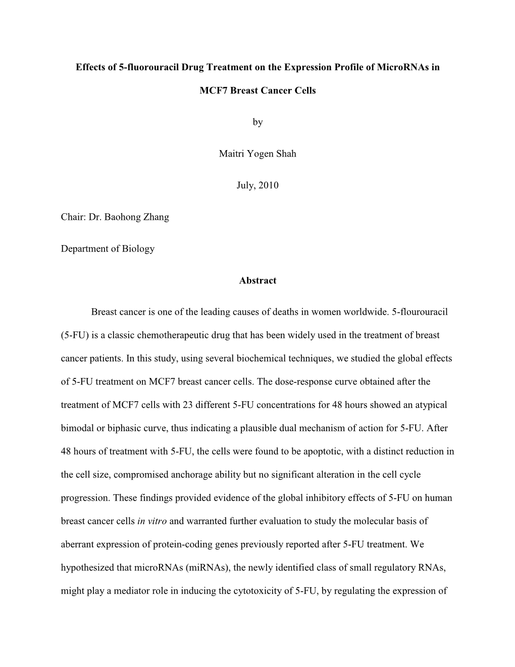 Effects of 5-Fluorouracil Drug Treatment on the Expression Profile of Micrornas In