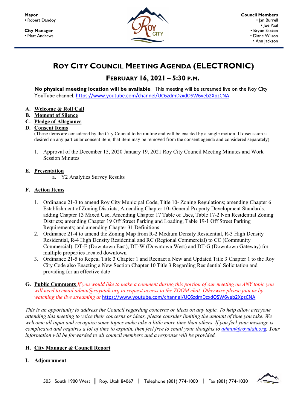 February 16, 2021 Roy City Council Meeting Agenda And