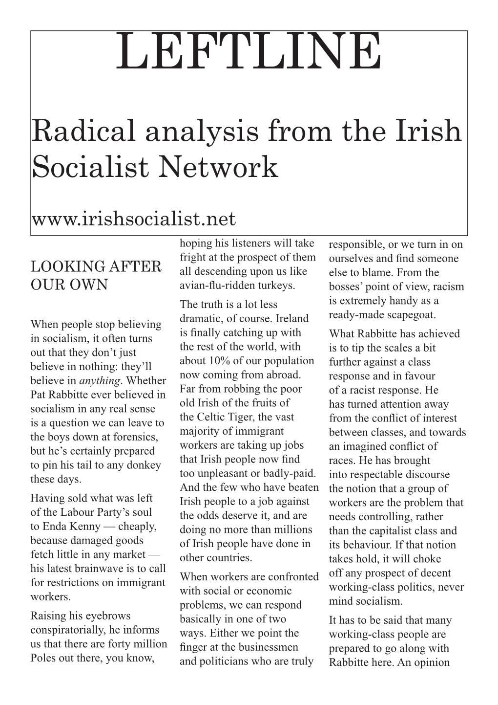 Leftline, March 2006 Organisation: Irish Socialist Network Date: 2006