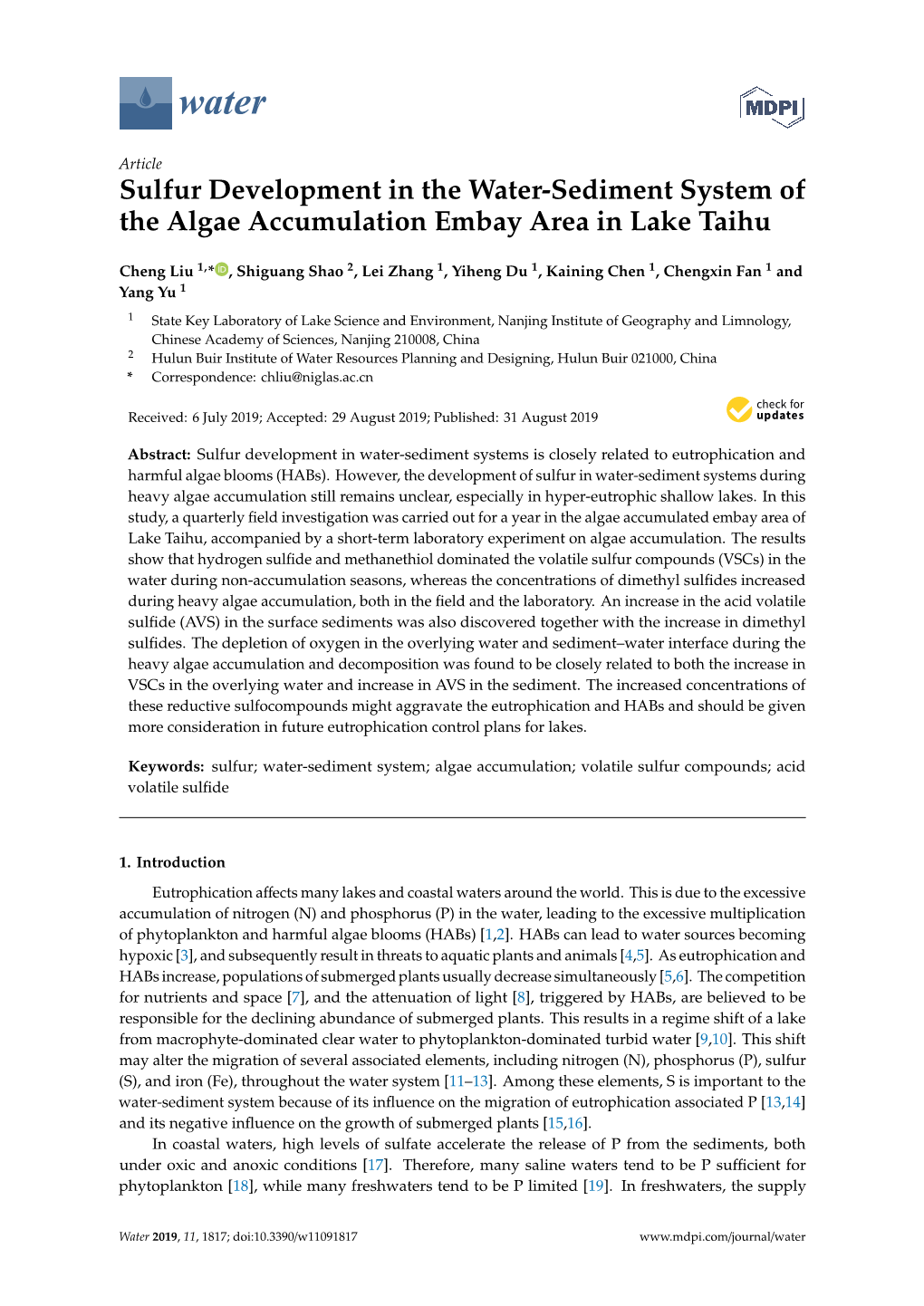 Sulfur Development in the Water-Sediment System of the Algae Accumulation Embay Area in Lake Taihu