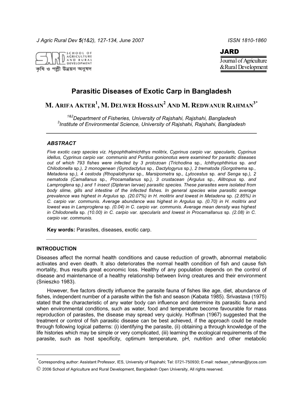 Parasitic Diseases of Exotic Carp in Bangladesh , M. D