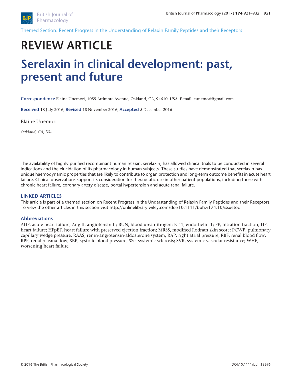 Serelaxin in Clinical Development: Past, Present and Future