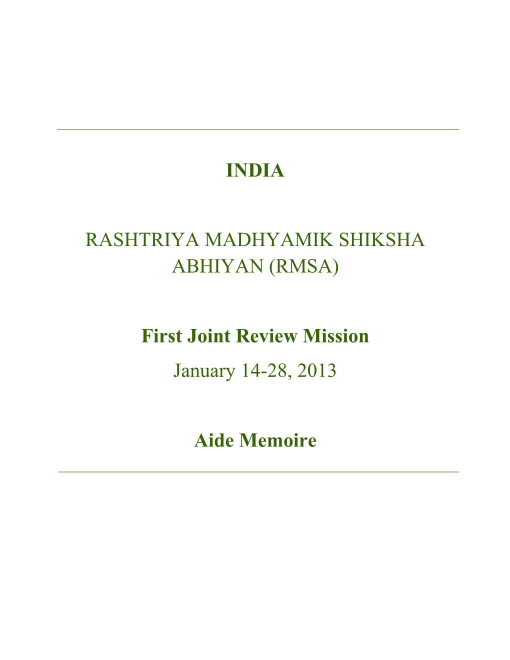 (RMSA) First Joint Review Mission January 14-28, 2013 Aide Memoire