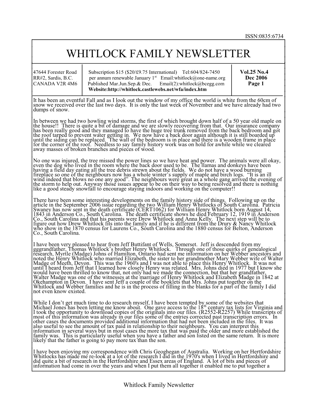 Whitlock Family Newsletter