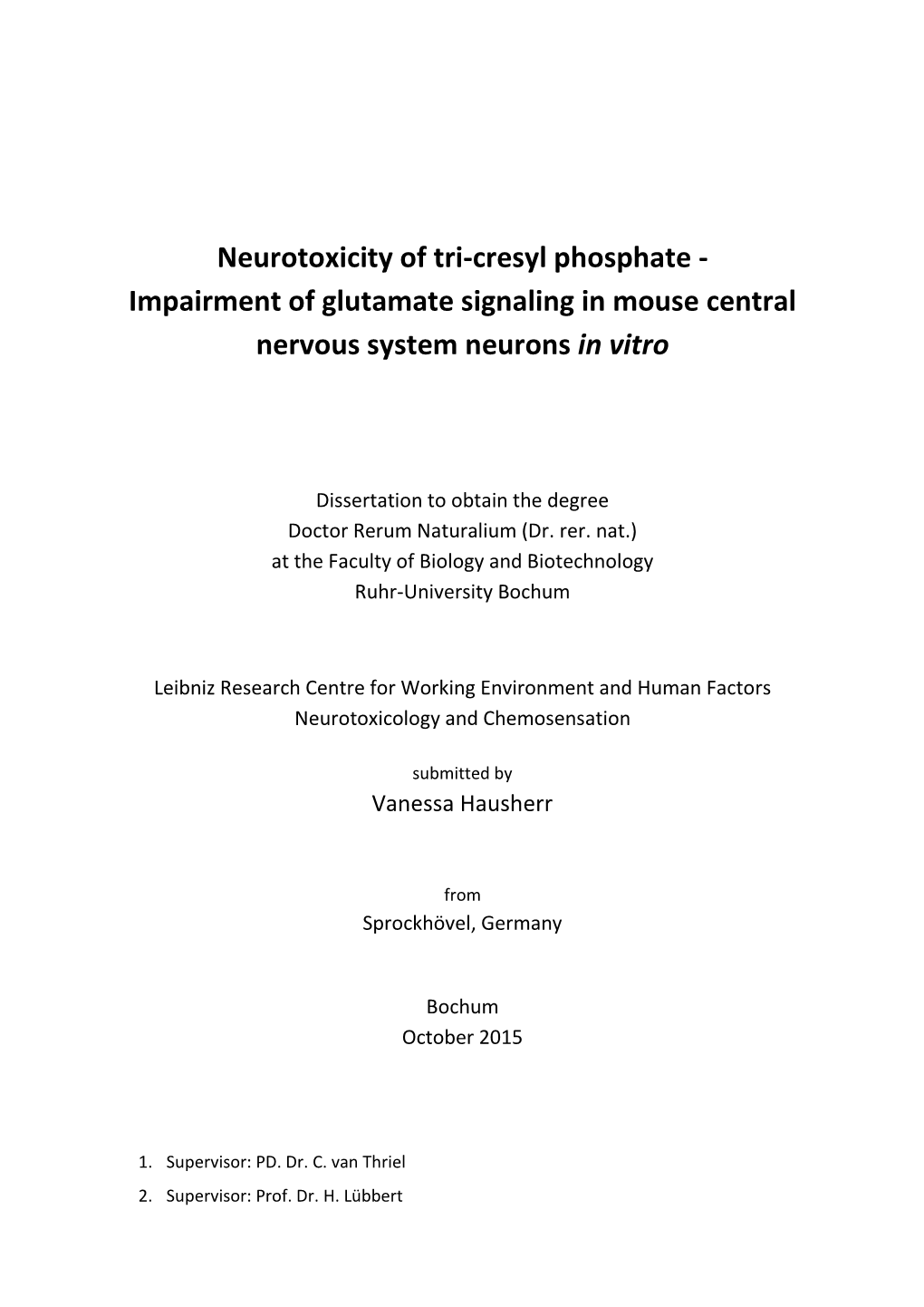 Neurotoxicity of Tri-Cresyl Phosphate : Impairment of Glutamate Signaling