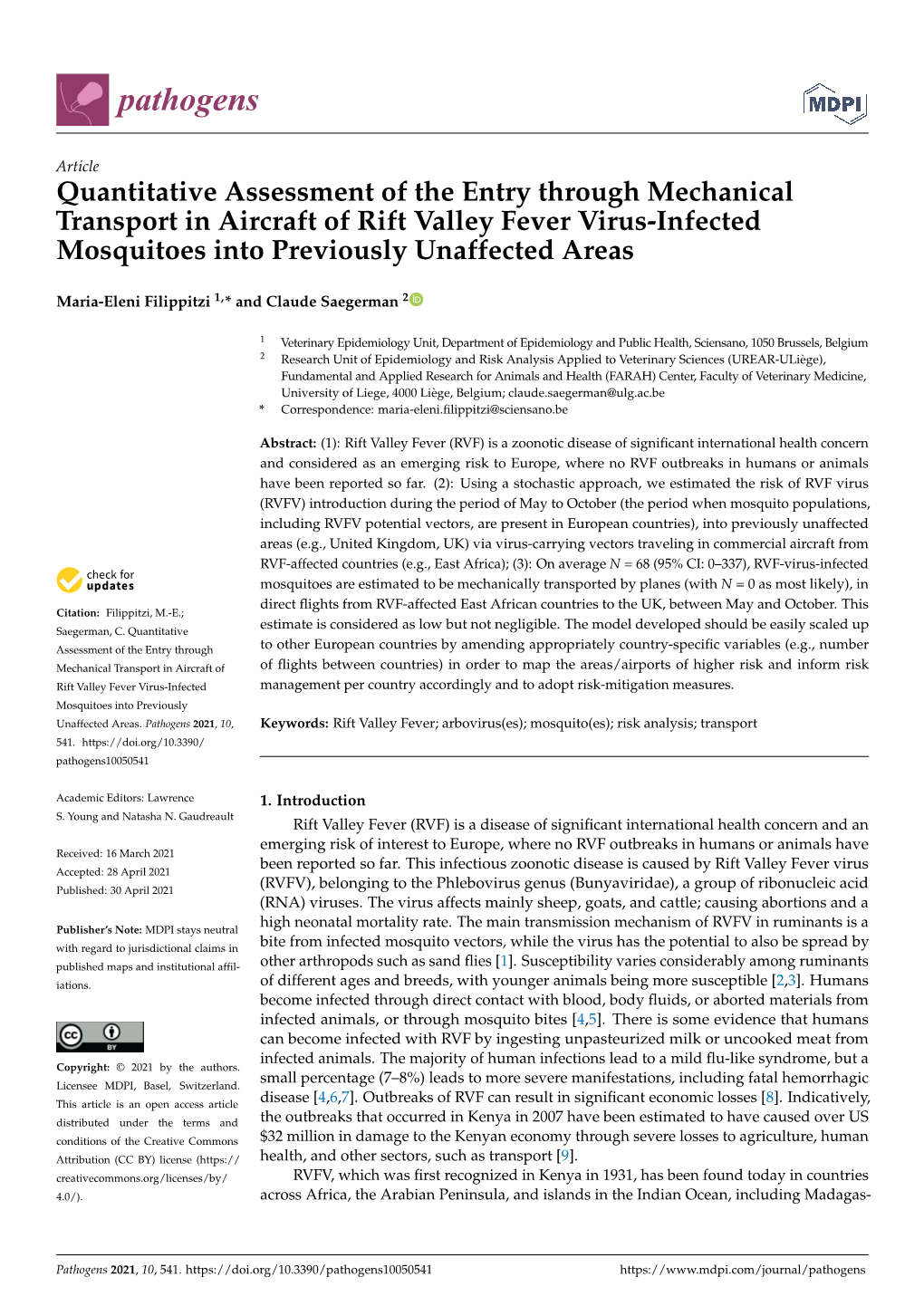 Quantitative Assessment of the Entry Through Mechanical Transport in Aircraft of Rift Valley Fever Virus-Infected Mosquitoes Into Previously Unaffected Areas