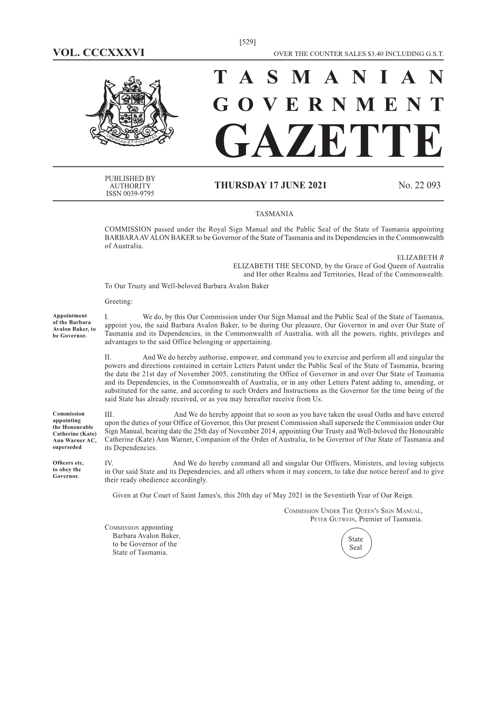Government Gazette Tasmanian
