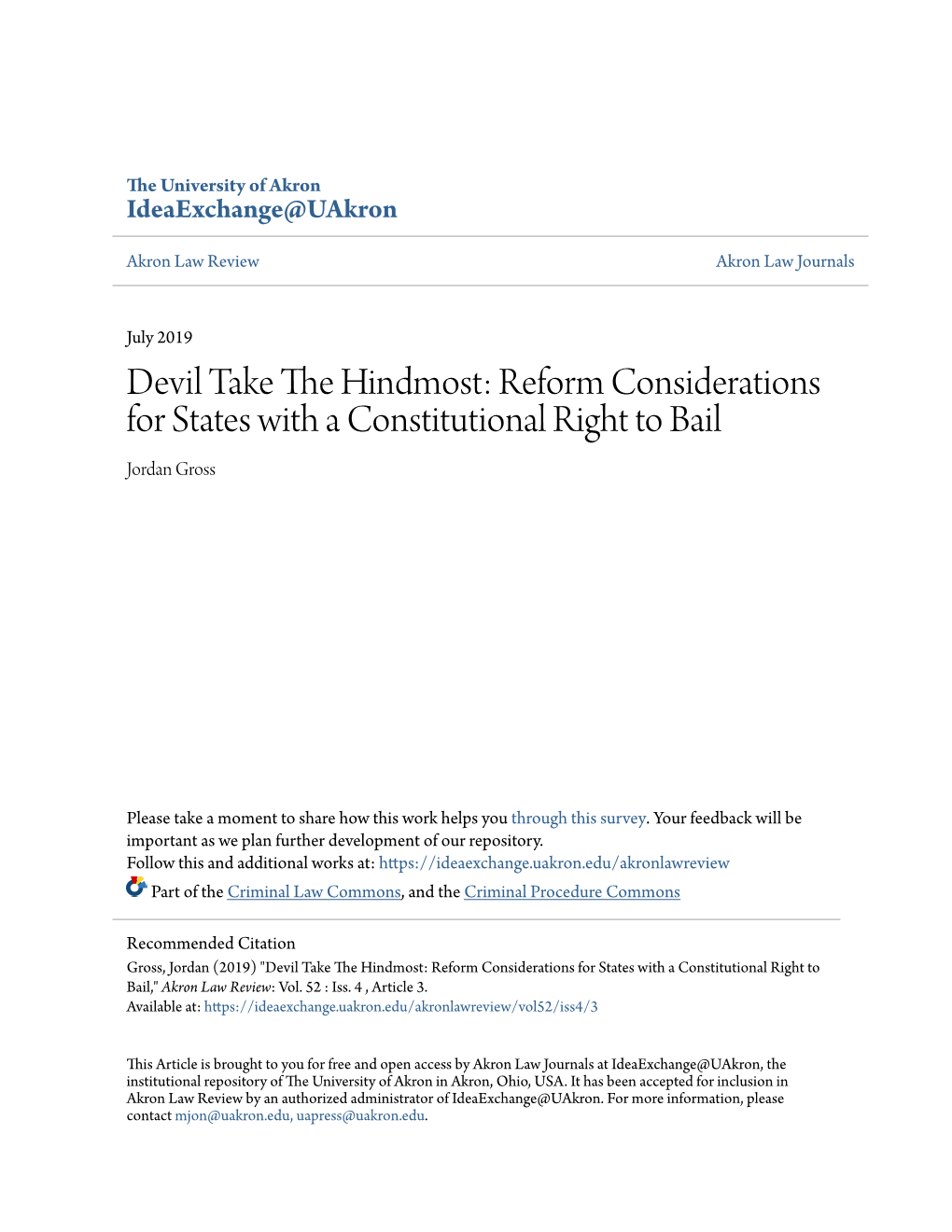 Reform Considerations for States with a Constitutional Right to Bail Jordan Gross