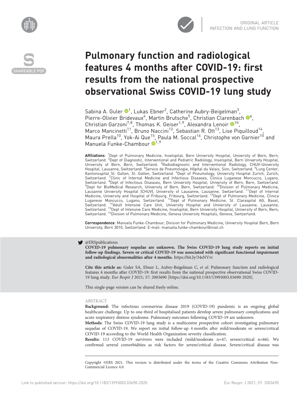 Pulmonary Function and Radiological Features 4 Months After COVID-19: First Results from the National Prospective Observational Swiss COVID-19 Lung Study