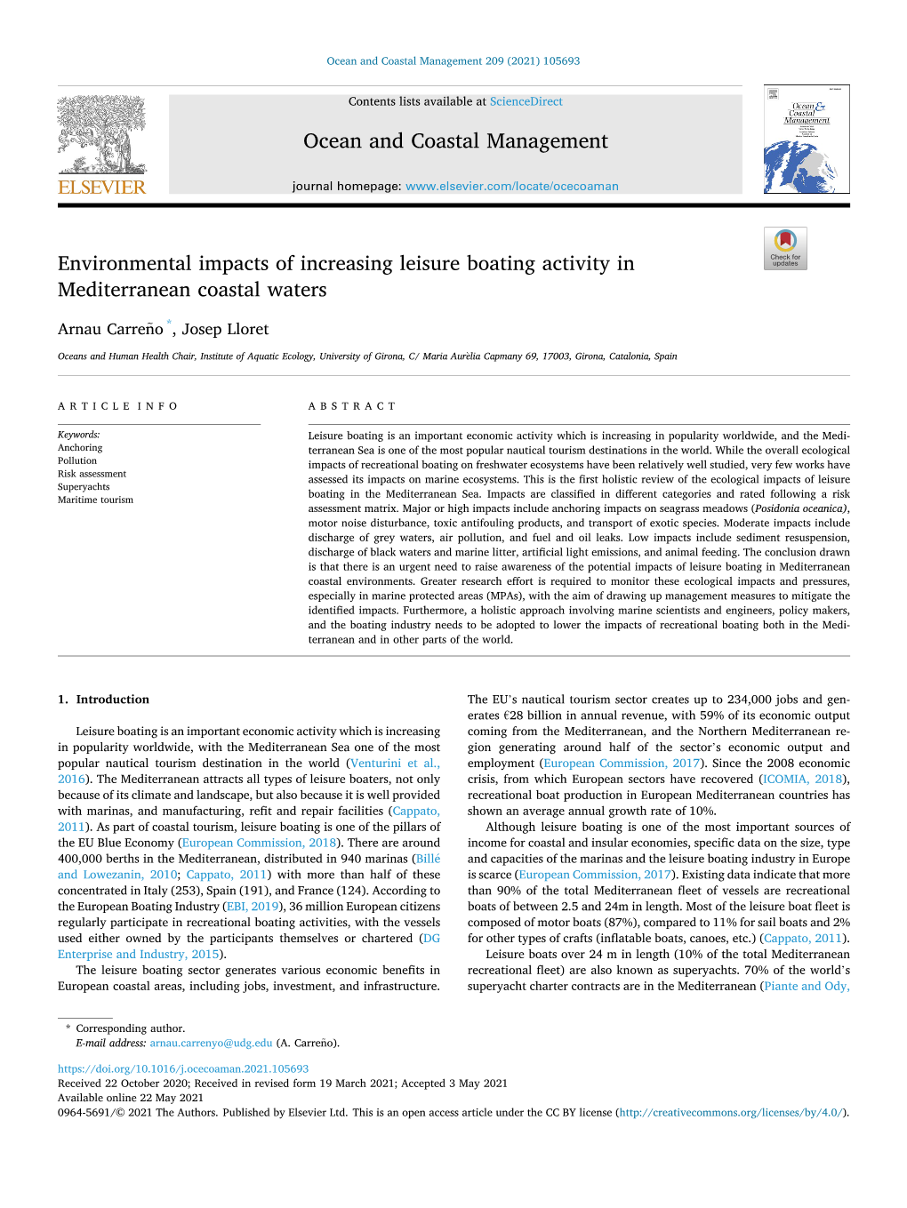 Environmental Impacts of Increasing Leisure Boating Activity in Mediterranean Coastal Waters