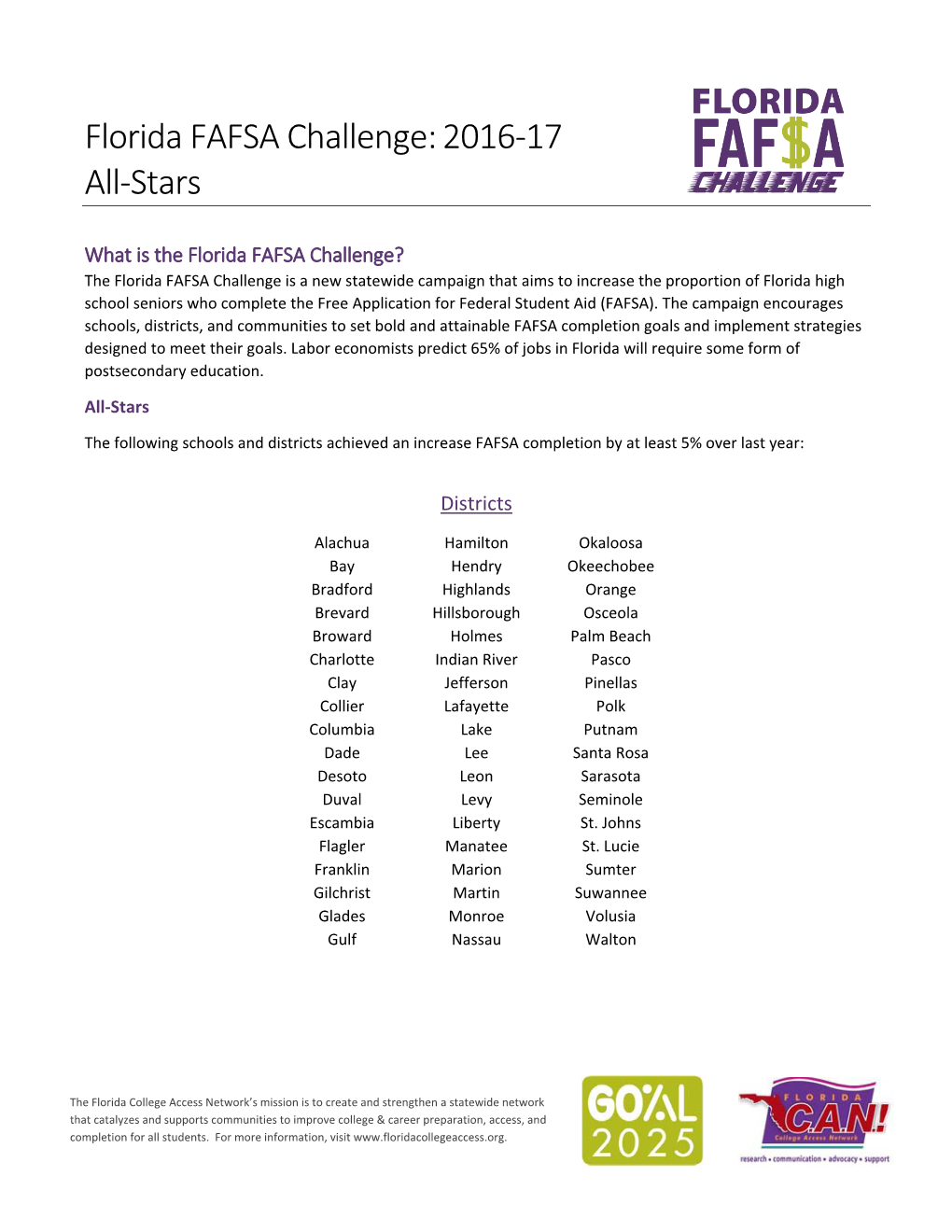 Florida FAFSA Challenge: 2016‐17 All‐Stars