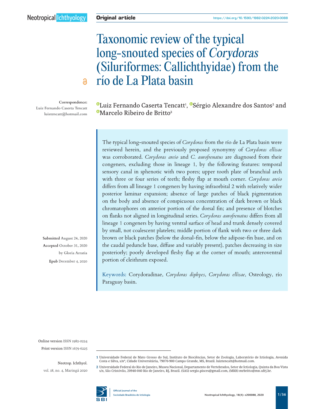 Taxonomic Review of the Typical Long-Snouted Species of Corydoras (Siluriformes: Callichthyidae) from the Río De La Plata Basin