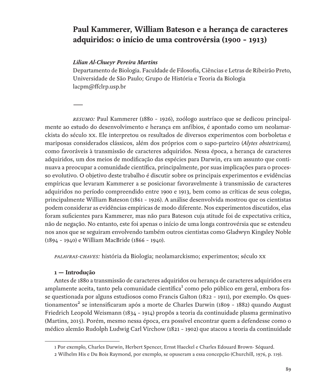 Paul Kammerer, William Bateson E a Herança De Caracteres Adquiridos: O Início De Uma Controvérsia (1900 – 1913)