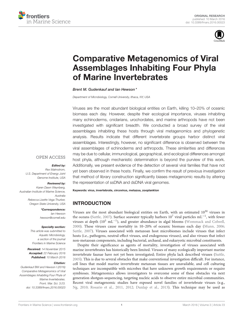 Comparative Metagenomics of Viral Assemblages Inhabiting Four Phyla of Marine Invertebrates