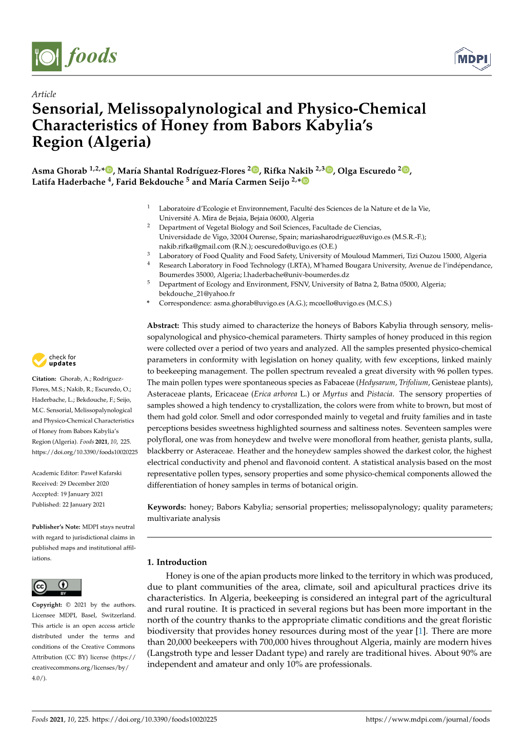 Sensorial, Melissopalynological and Physico-Chemical Characteristics of Honey from Babors Kabylia's Region