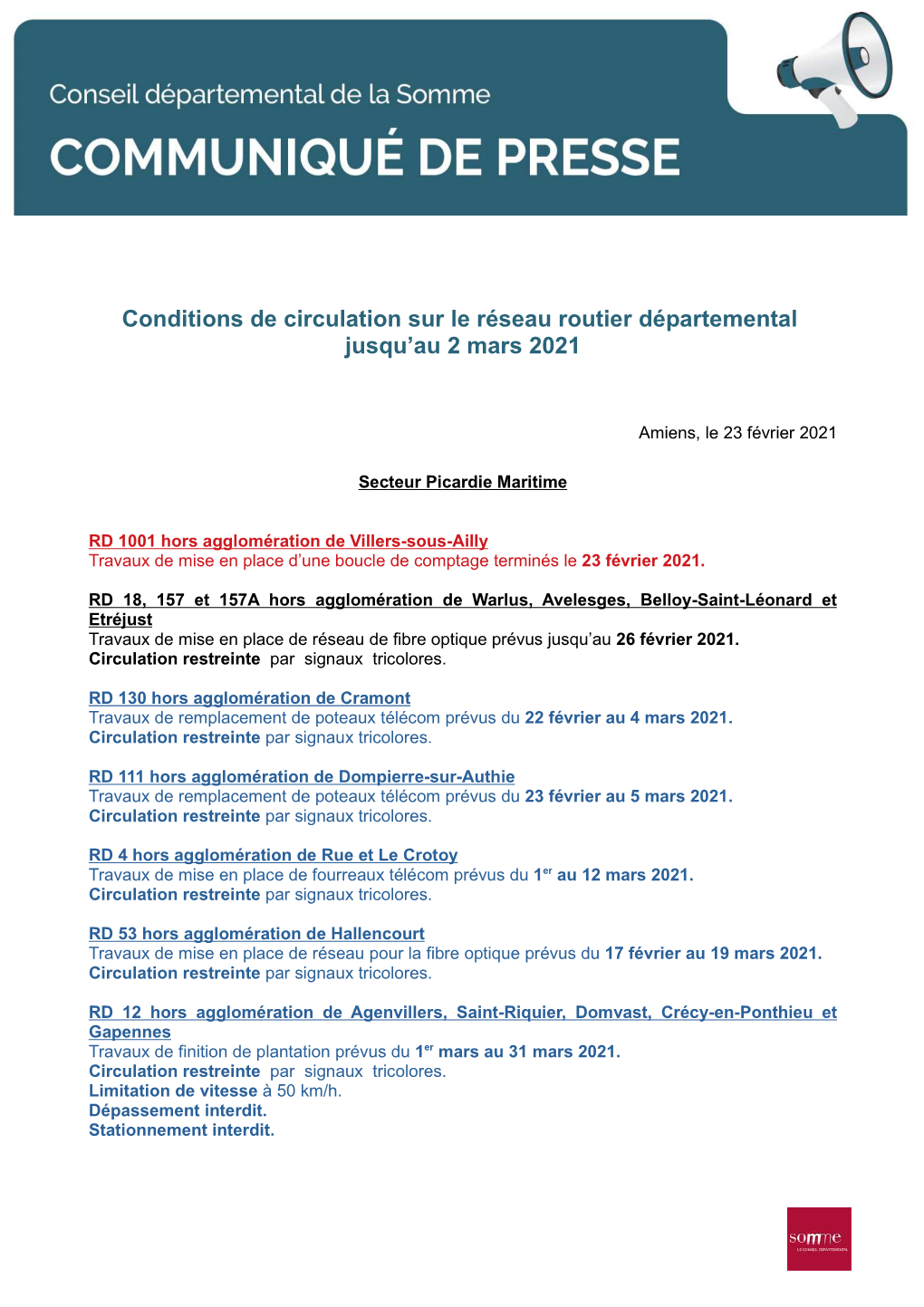 Conditions De Circulation Sur Le Réseau Routier Départemental Jusqu'au 2