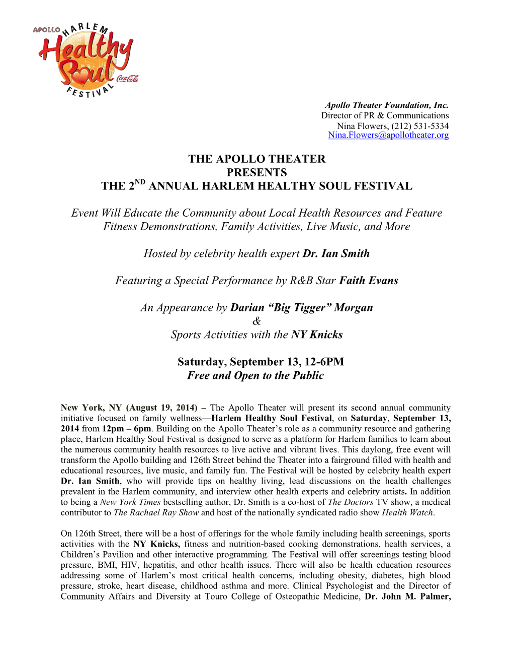 THE APOLLO THEATER PRESENTS the 2 ANNUAL HARLEM HEALTHY SOUL FESTIVAL Event Will Educate the Community About Local Health Resour