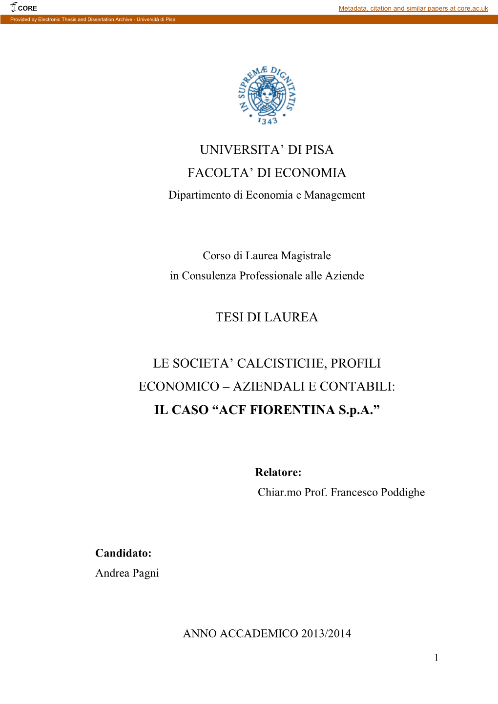 Universita' Di Pisa Facolta' Di Economia Tesi Di