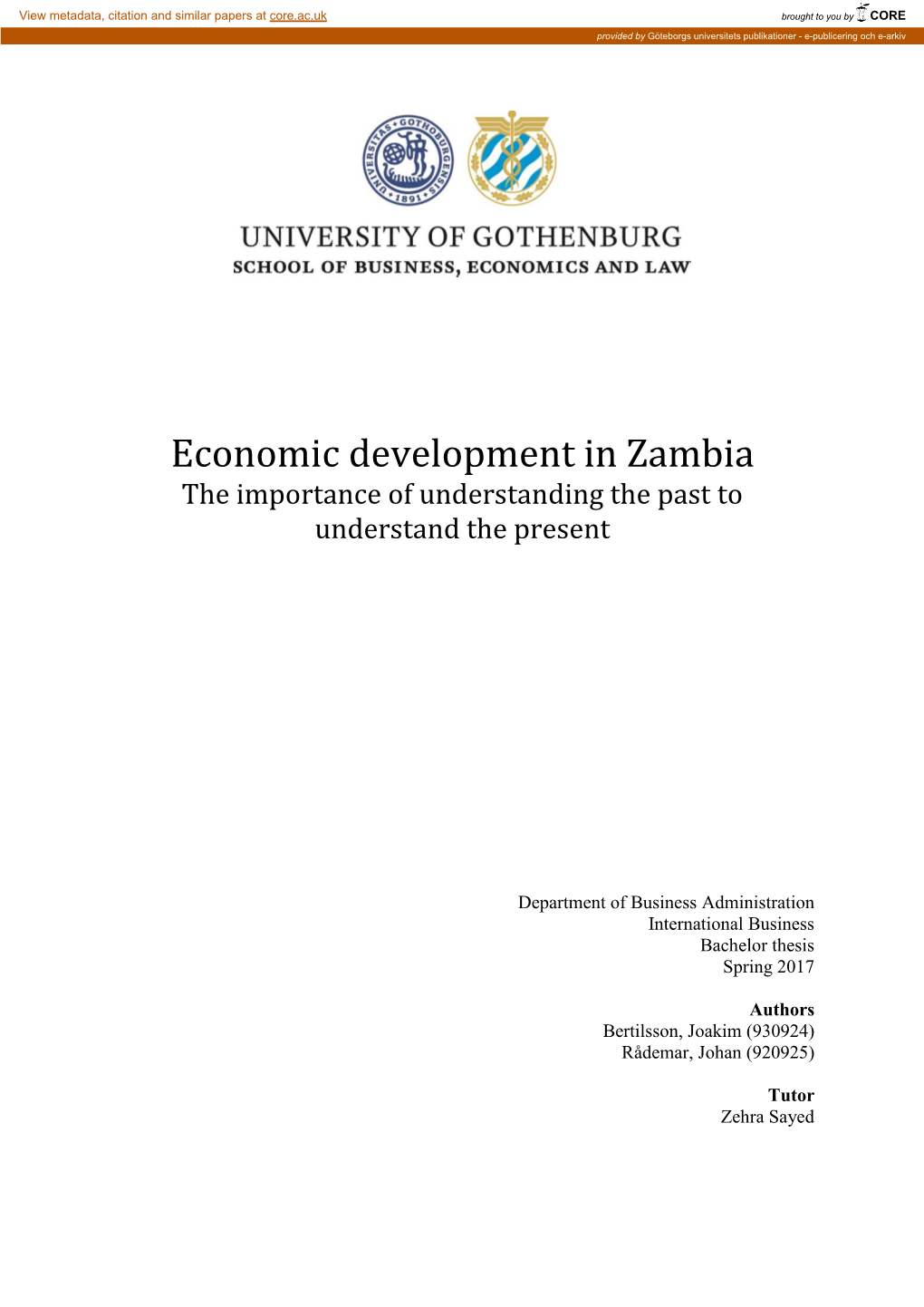 Economic Development in Zambia the Importance of Understanding the Past To