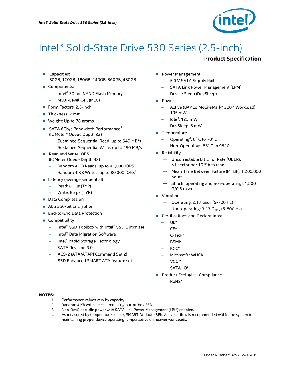 Intel® Solid-State Drive 530 Series (2.5-Inch) Product Specification