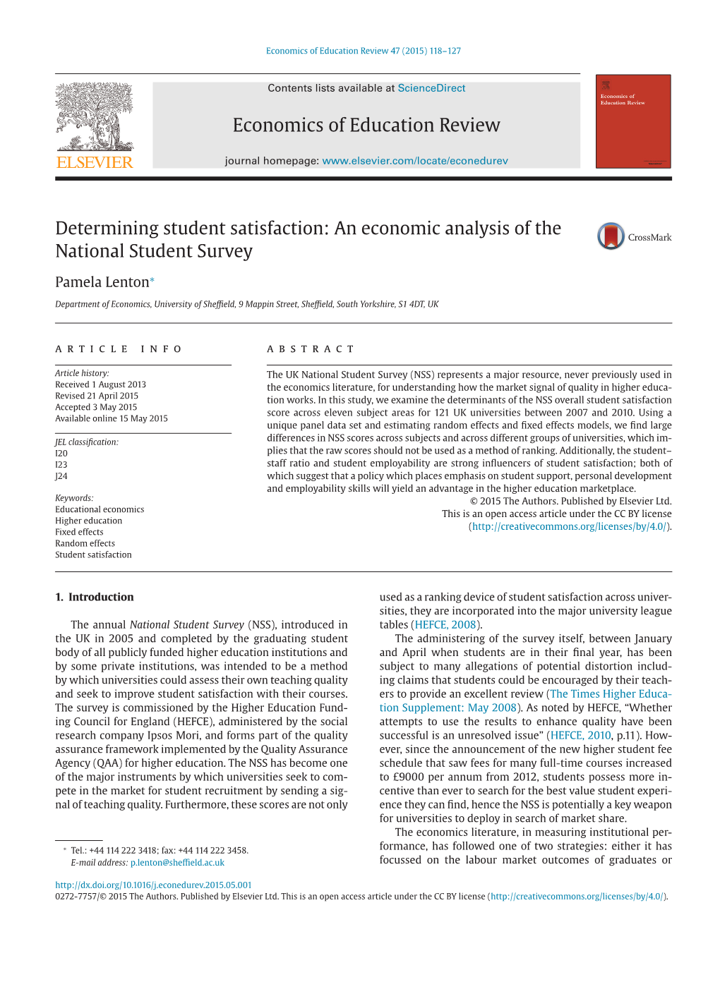 Determining Student Satisfaction: an Economic Analysis of the National Student Survey