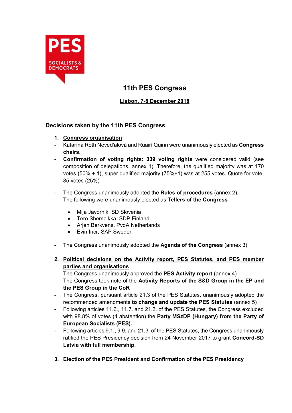 Decisions Taken by the 11Th PES Congress