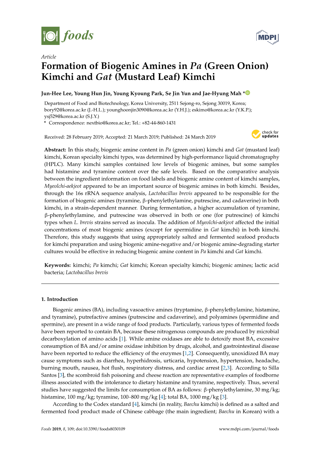 Formation of Biogenic Amines in Pa (Green Onion) Kimchi and Gat (Mustard Leaf) Kimchi