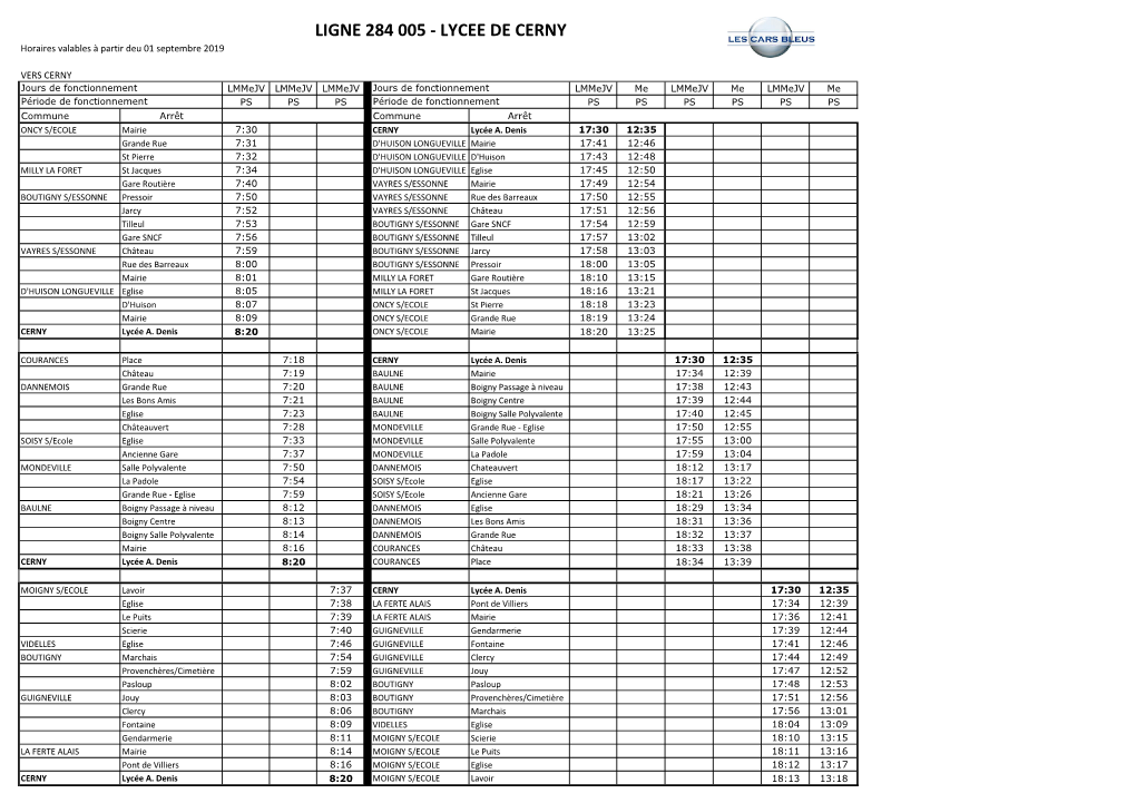 LIGNE 284 005 - LYCEE DE CERNY Horaires Valables À Partir Deu 01 Septembre 2019