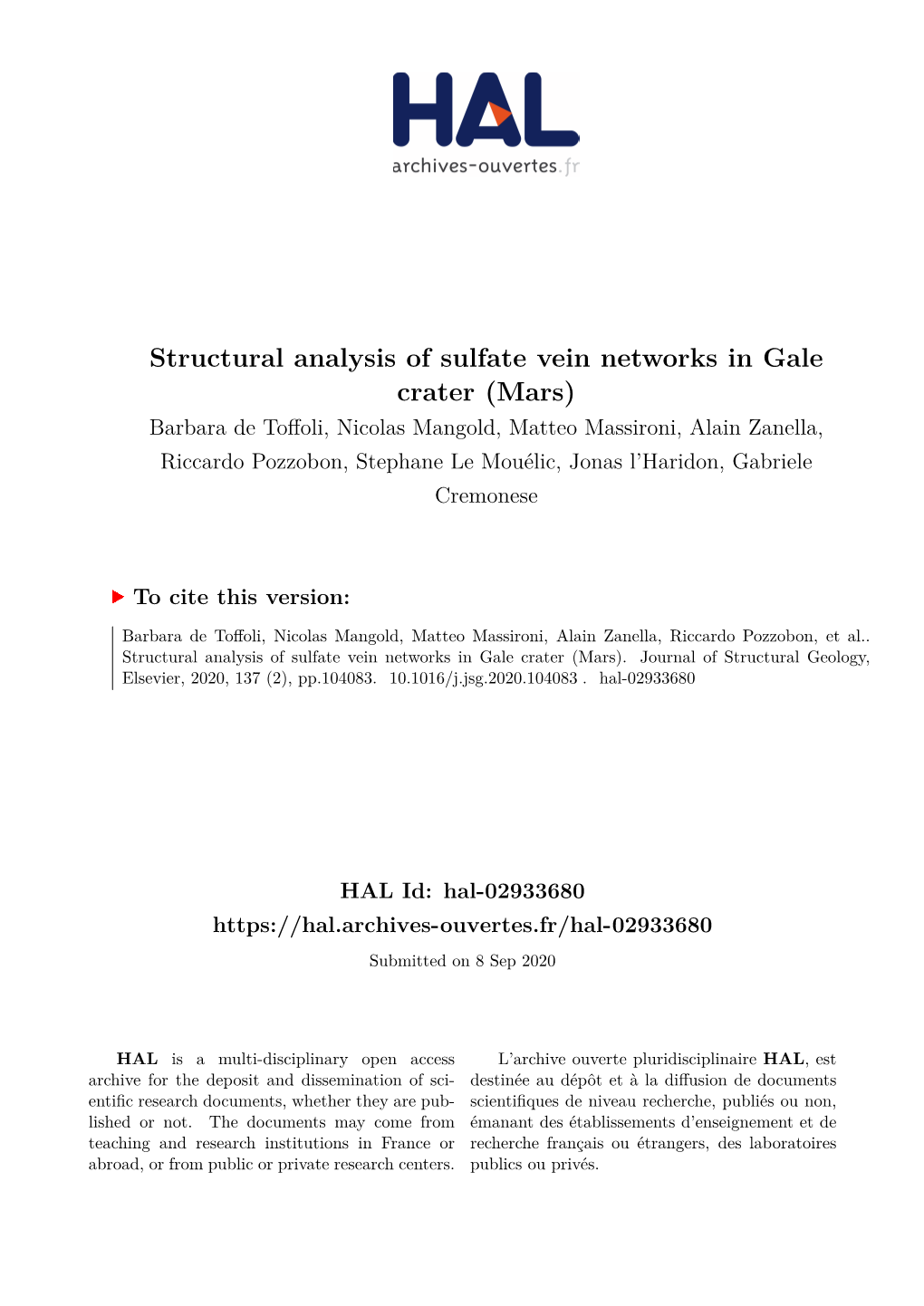 Structural Analysis of Sulfate Vein Networks in Gale Crater (Mars)