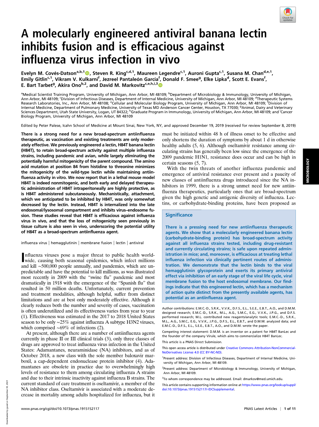 A Molecularly Engineered Antiviral Banana Lectin Inhibits Fusion and Is Efficacious Against Influenza Virus Infection in Vivo