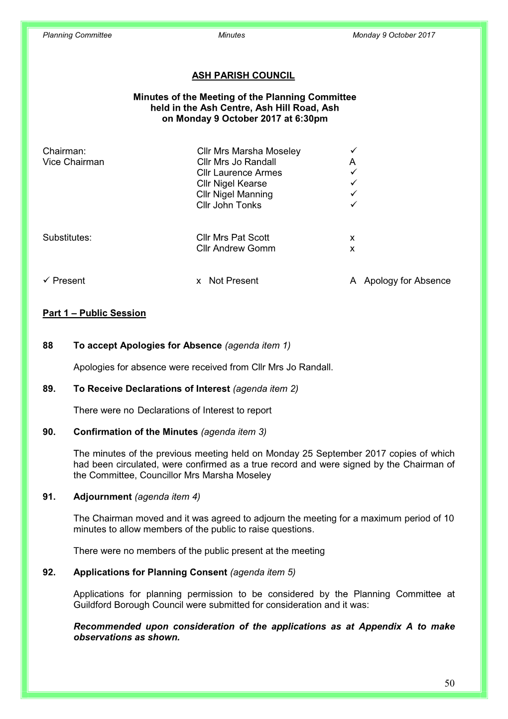 ASH PARISH COUNCIL Minutes of the Meeting of the Planning