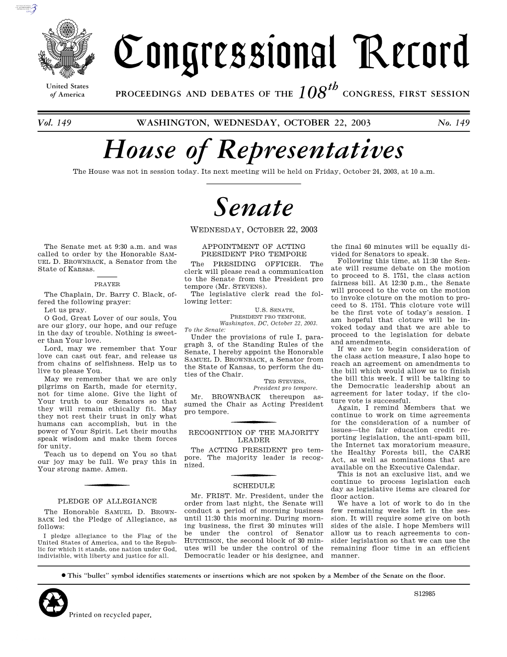 Congressional Record United States Th of America PROCEEDINGS and DEBATES of the 108 CONGRESS, FIRST SESSION