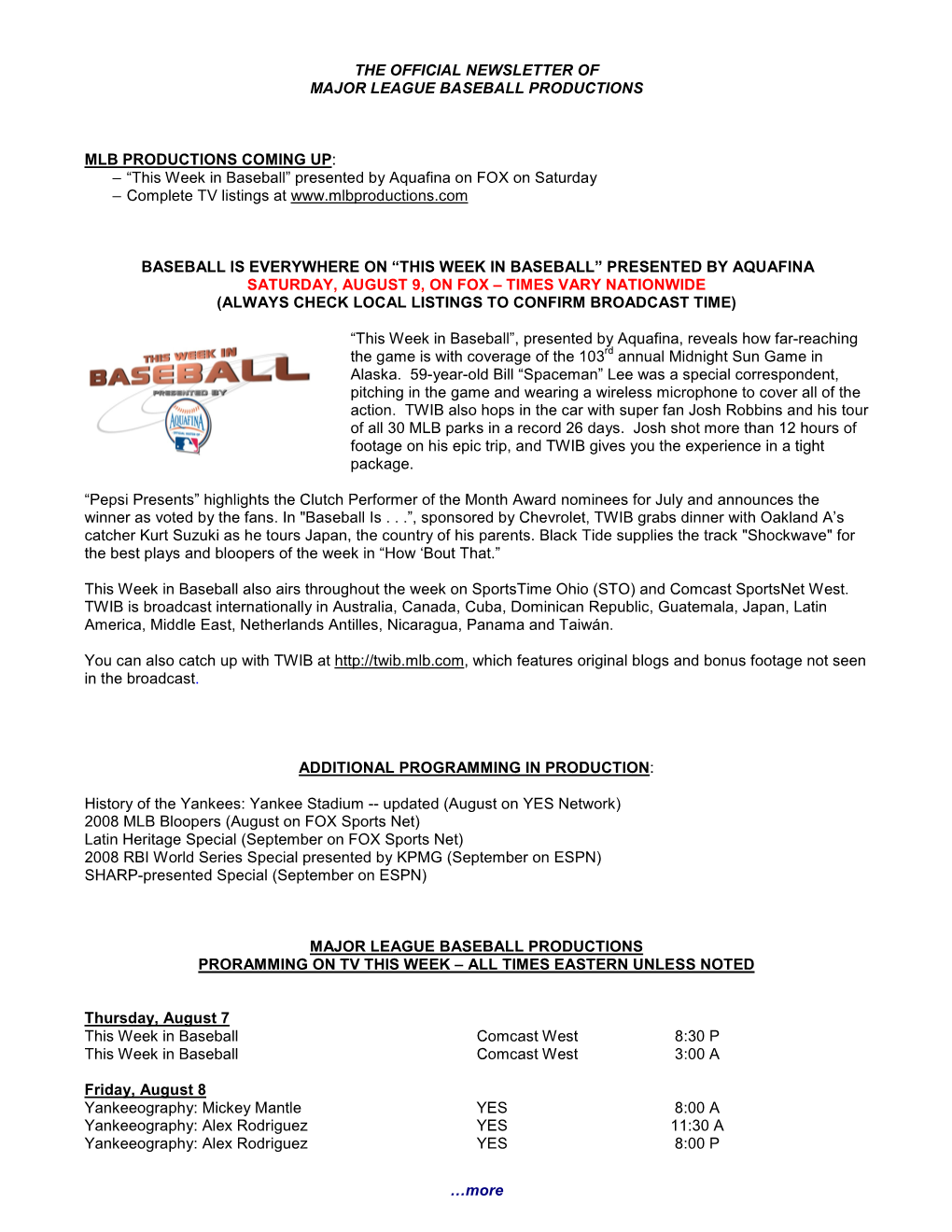 More the OFFICIAL NEWSLETTER of MAJOR LEAGUE