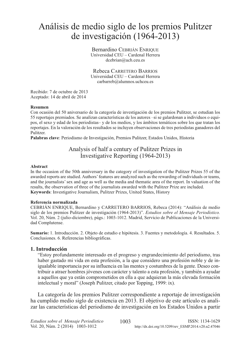 Análisis De Medio Siglo De Los Premios Pulitzer De Investigación (1964­2013)