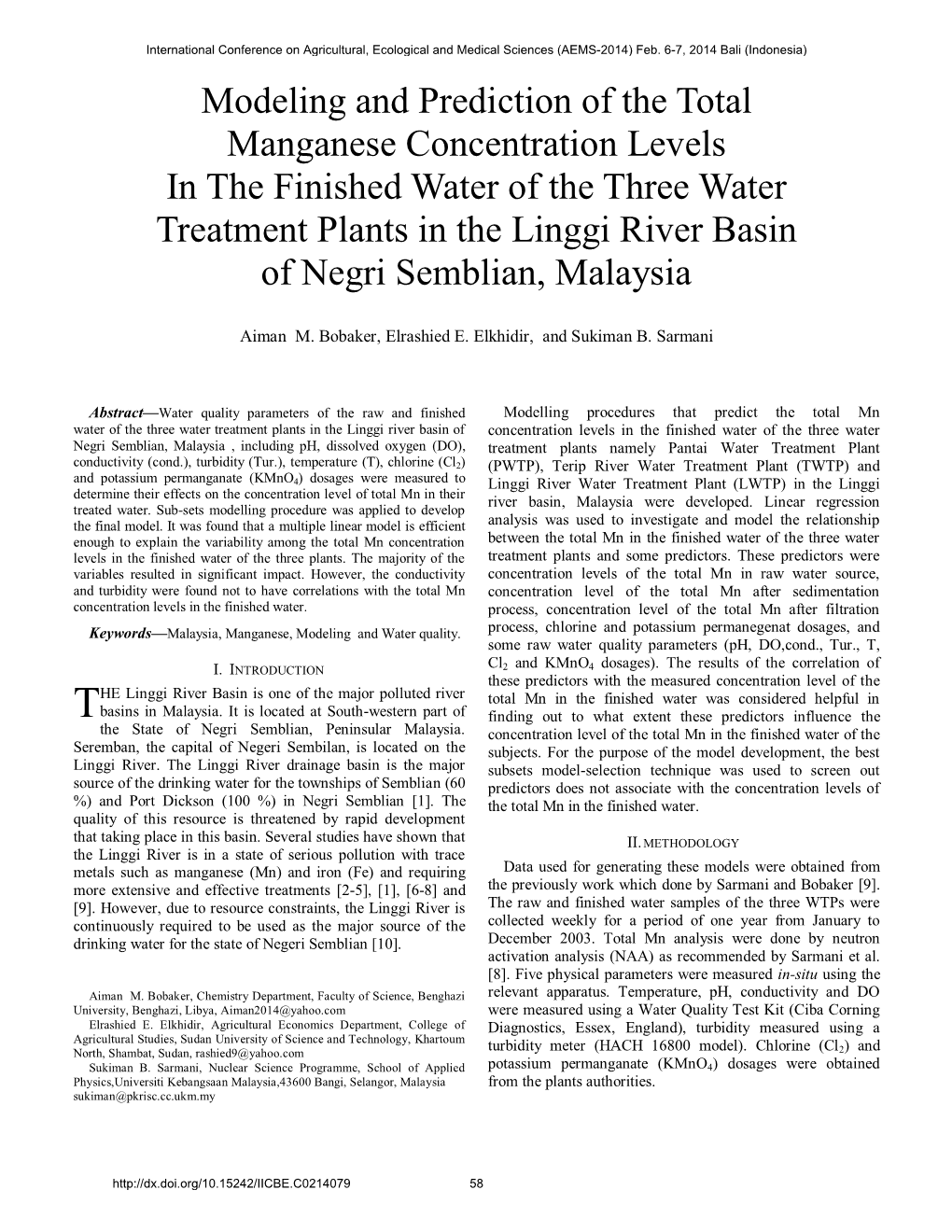 Modeling and Prediction of the Total Manganese Concentration Levels in the Finished Water of the Three Water Treatment Plants I