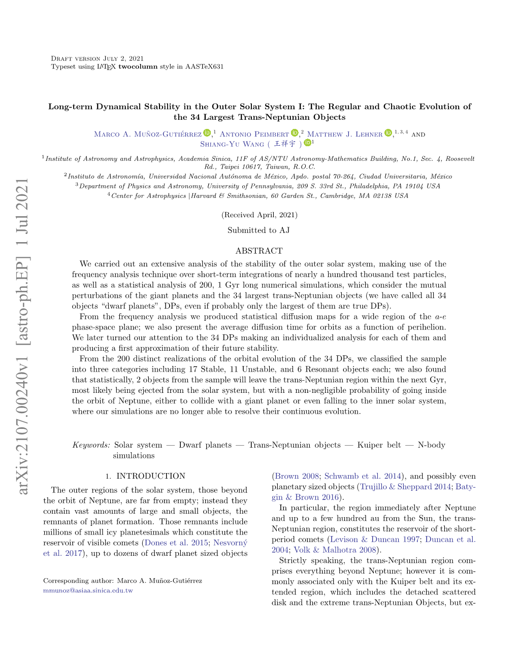 Arxiv:2107.00240V1 [Astro-Ph.EP] 1 Jul 2021 the Orbit of Neptune, Are Far from Empty; Instead They Gin & Brown 2016)