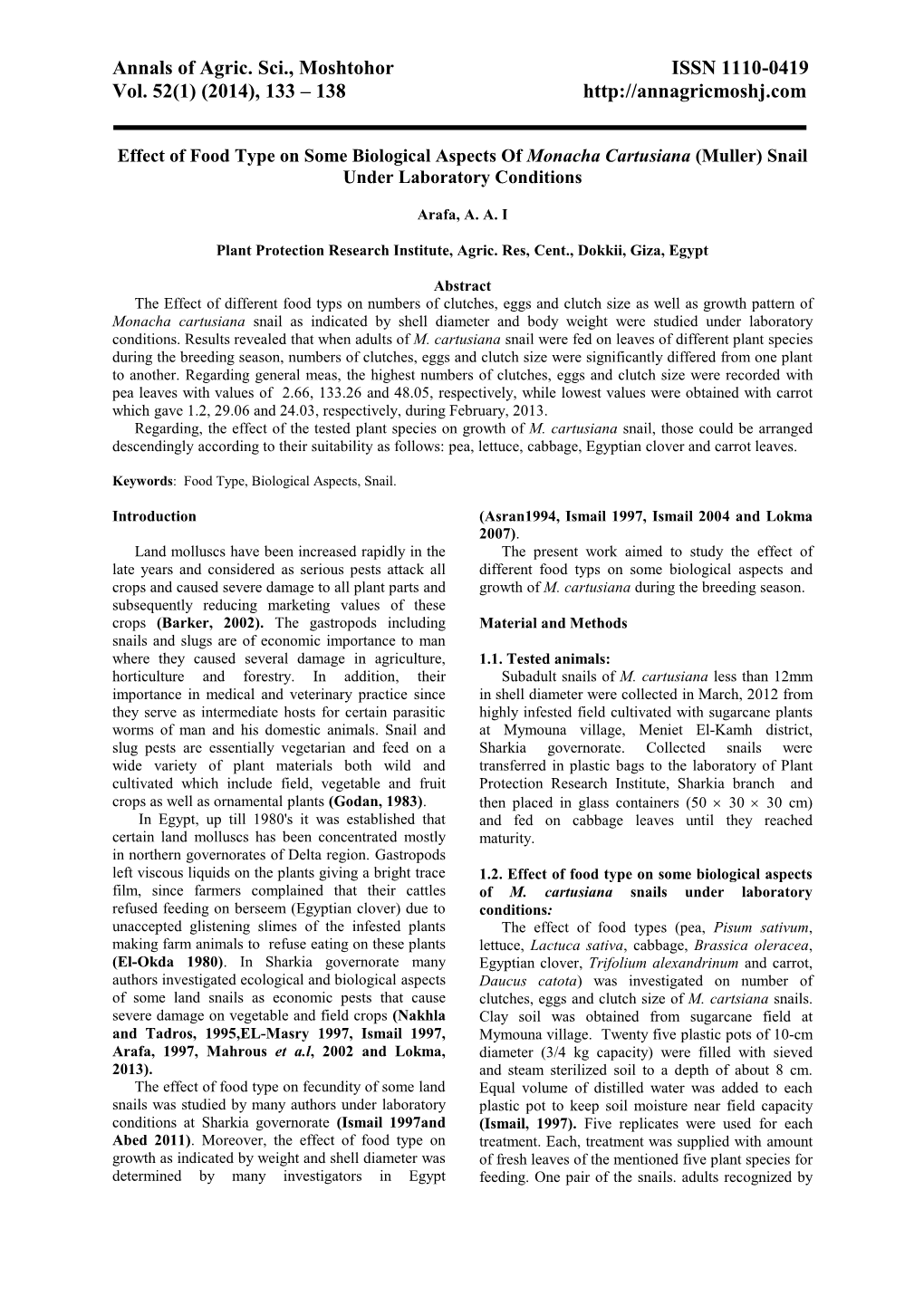 Effect of Food Type on Some Biological Aspects of Monacha Cartusiana (Muller) Snail Under Laboratory Conditions