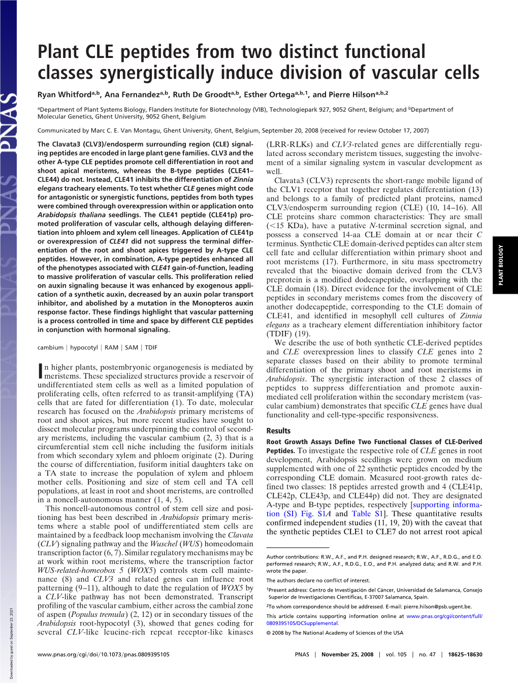 Plant CLE Peptides from Two Distinct Functional Classes Synergistically Induce Division of Vascular Cells