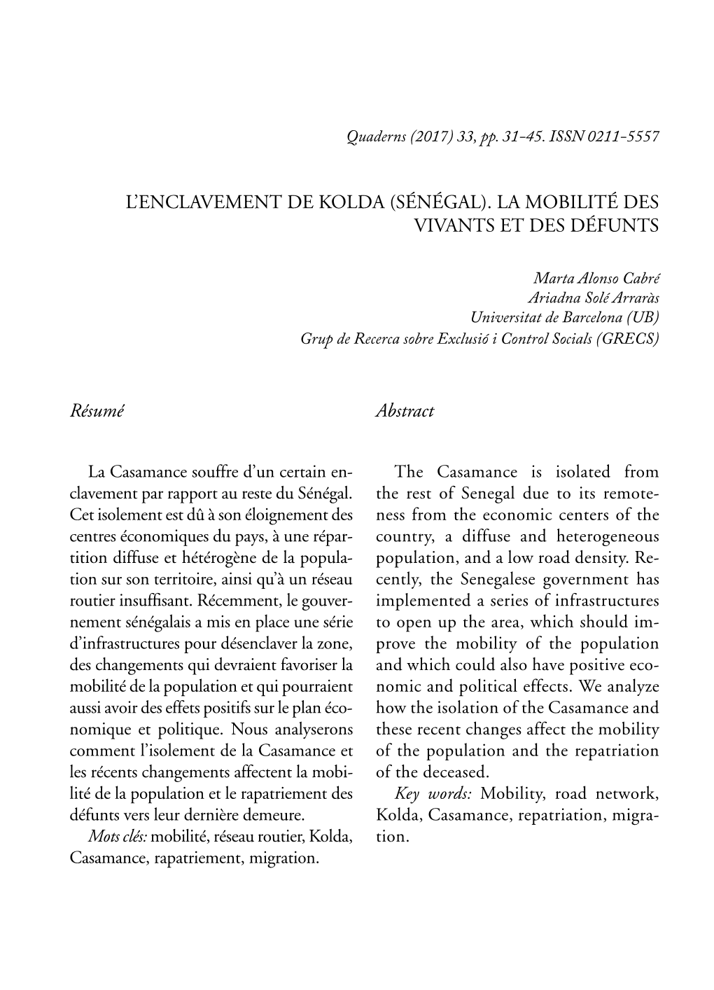 (Sénégal). La Mobilité Des Vivants Et Des Défunts