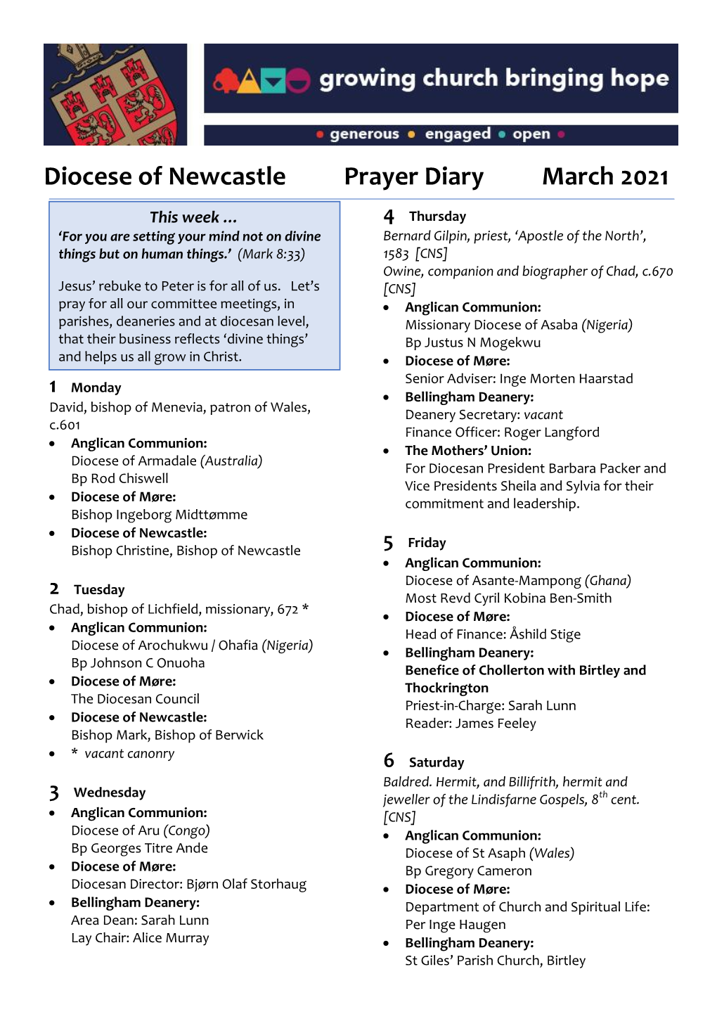 Diocese of Newcastle Prayer Diary March 2021
